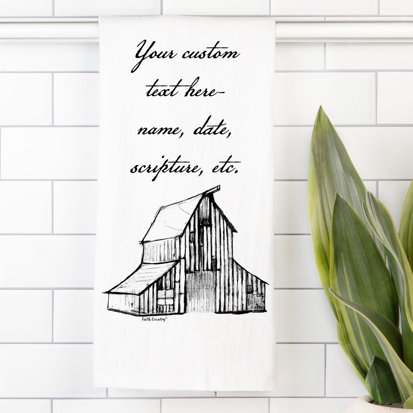 Heritage Barn Tea Towel - Personalized Farmhouse Kitchen Towel with Custom Script Text