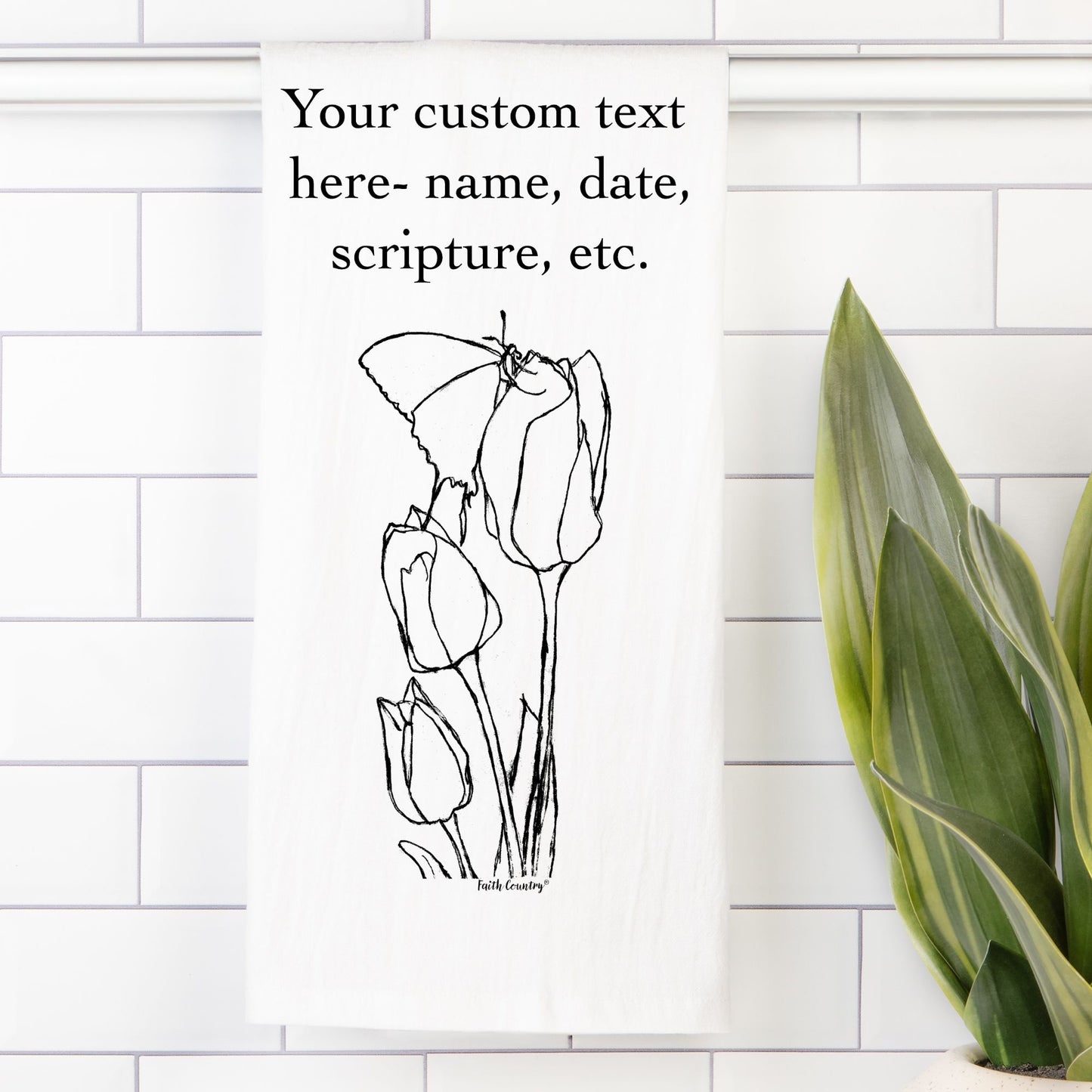 Springtime Tulips Tea Towel - Personalized Farmhouse Kitchen Towel with Custom Print Text