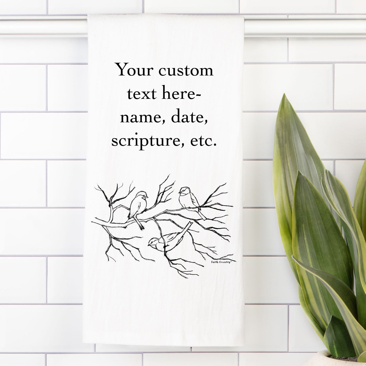 Songbird Trio Tea Towel - Personalized Farmhouse Kitchen Towel with Custom Print Text