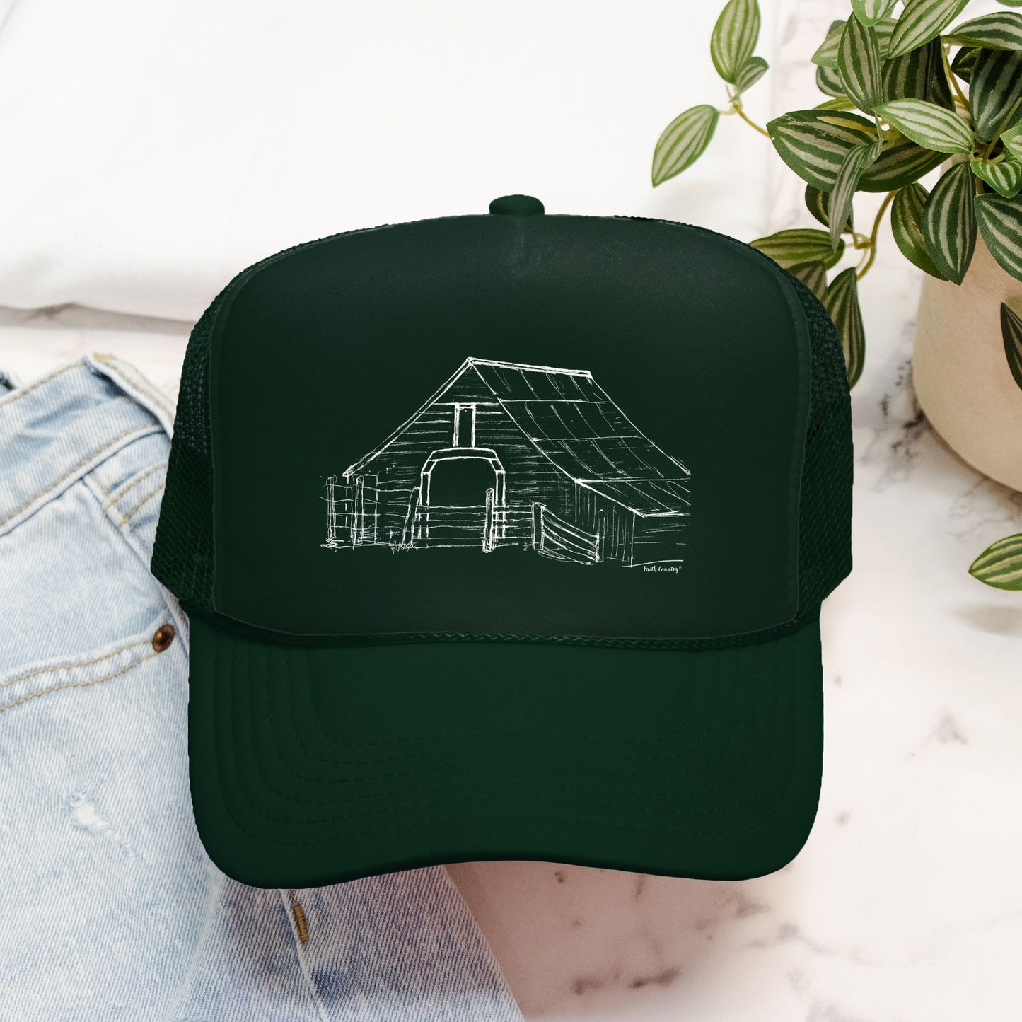 Harvest Barn Trucker Hat (White Sketch) - American Heritage Farm Sketch Cap