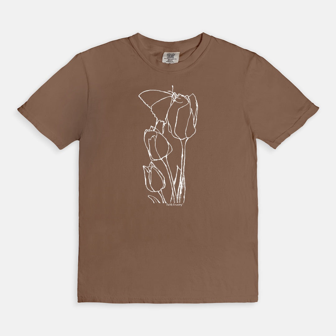 Springtime Tulips White Sketch Vintage Country Comfort Colors® T-Shirt | American Heritage Collection
