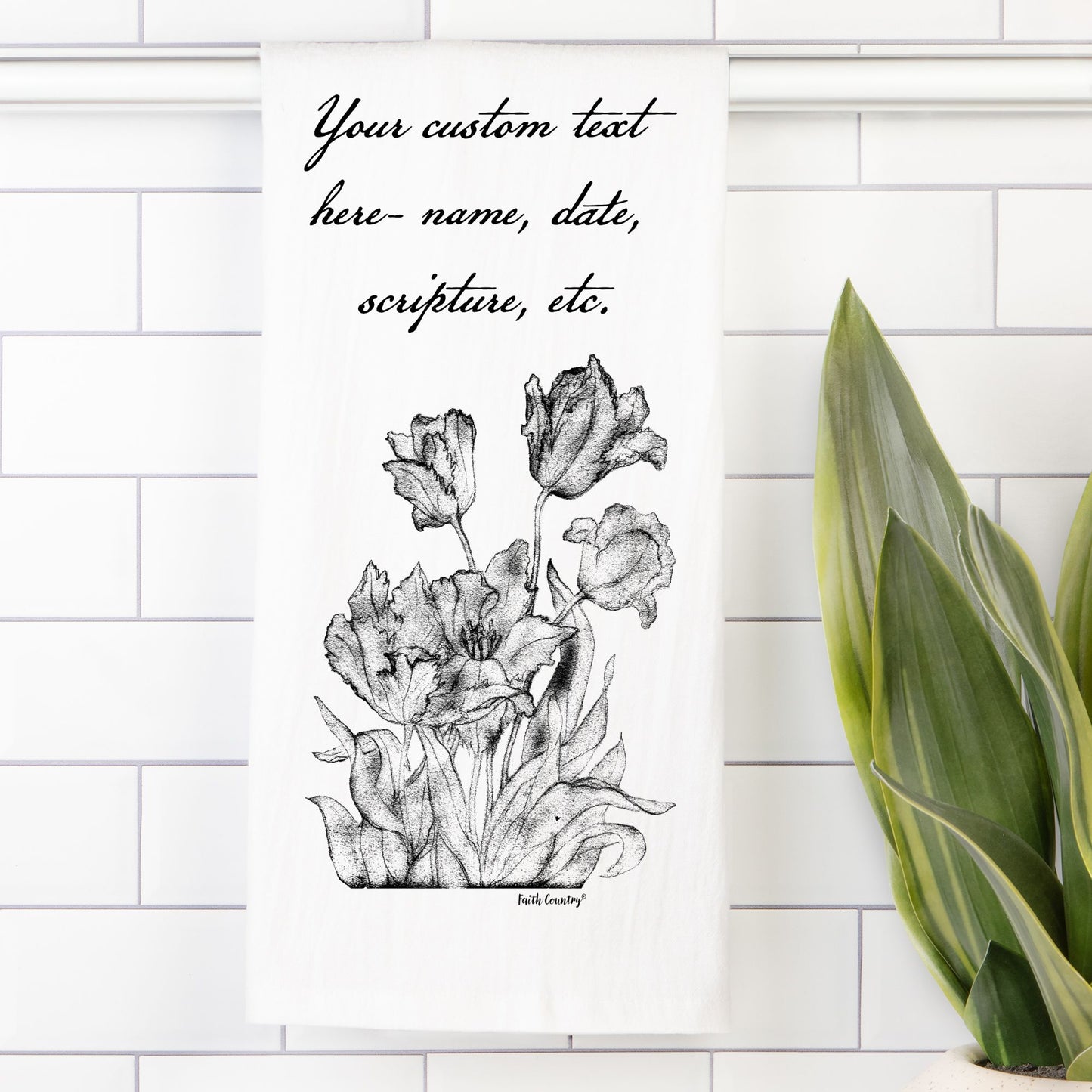 Heirloom Blooms Tea Towel - Personalized Farmhouse Kitchen Towel with Custom Script Text