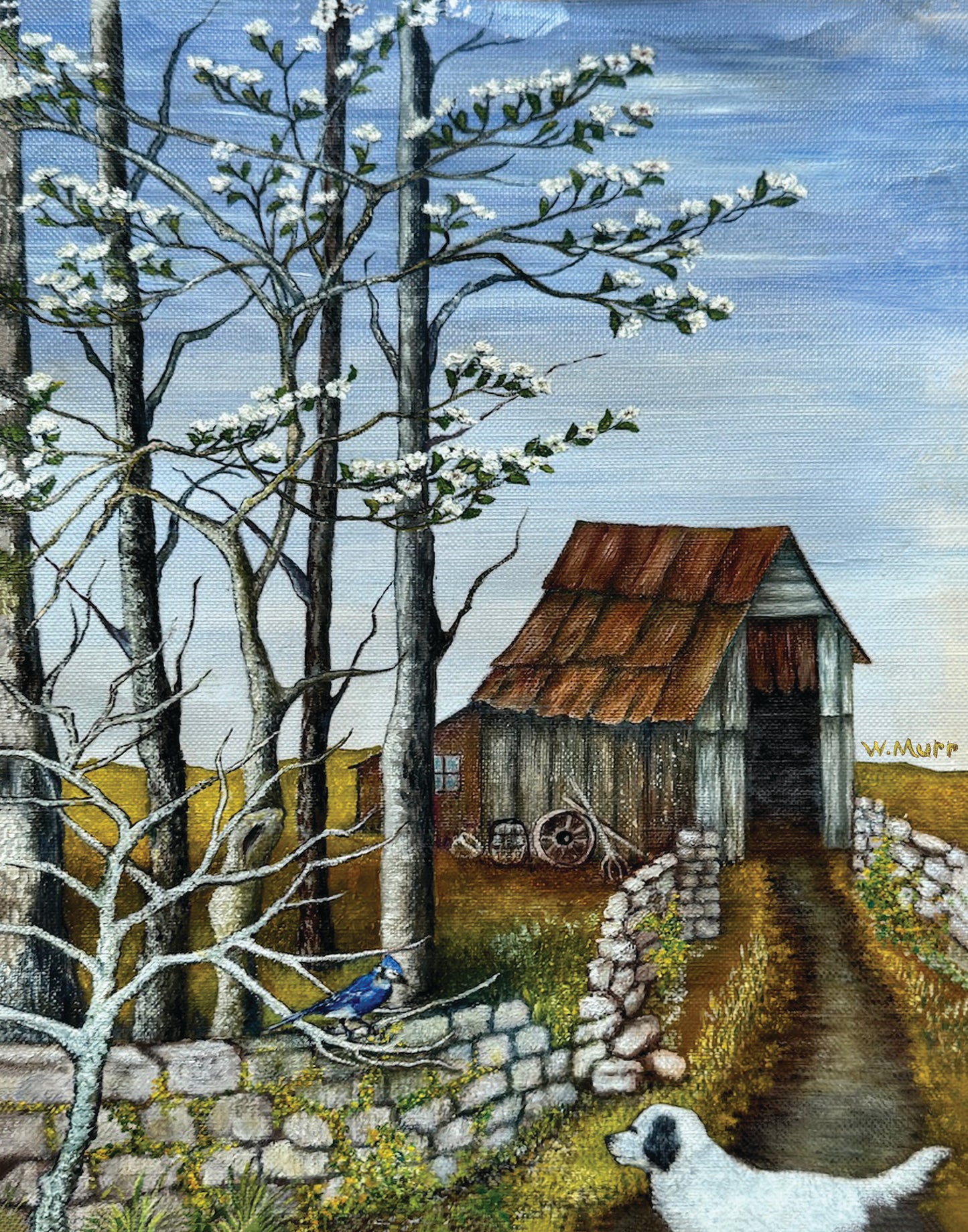 Flat lay of Country Scene- a folk-style country painting featuring a rustic barn, flowering trees, a stone path, a bluebird on a branch, and a white dog in the foreground.