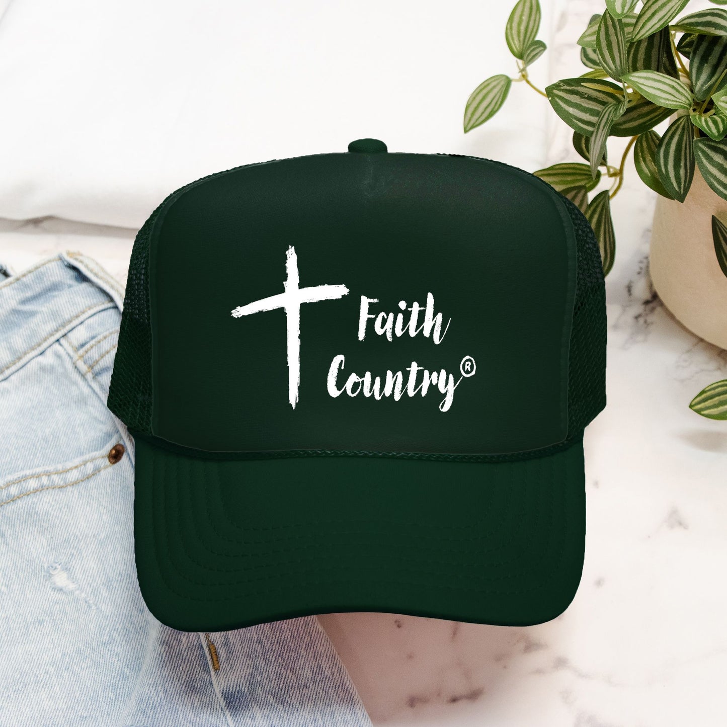 Faith Country Logo Trucker Hat (White Sketch)- Classic Cross & Script Cap