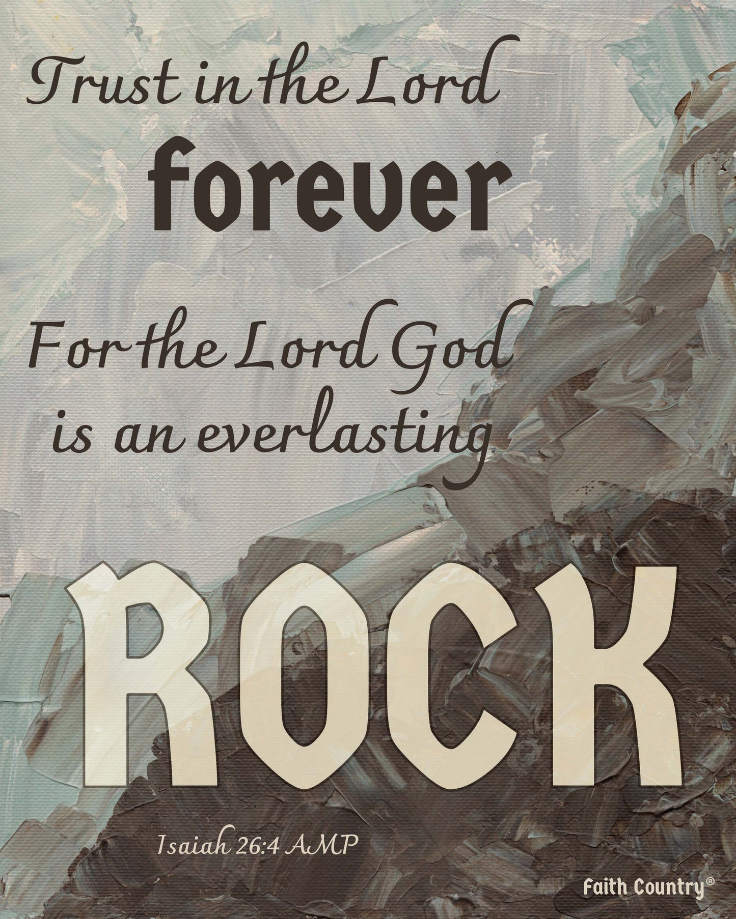 Abstract artwork featuring Isaiah 26:4 AMP on textured abstract background in green, gray, and brown
