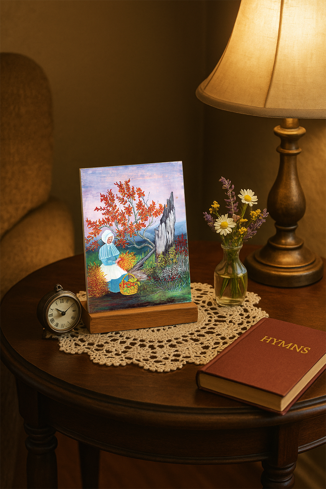 Gathering Harvest – Pioneer Woman & Autumn Tree Vintage Painting Art Card
