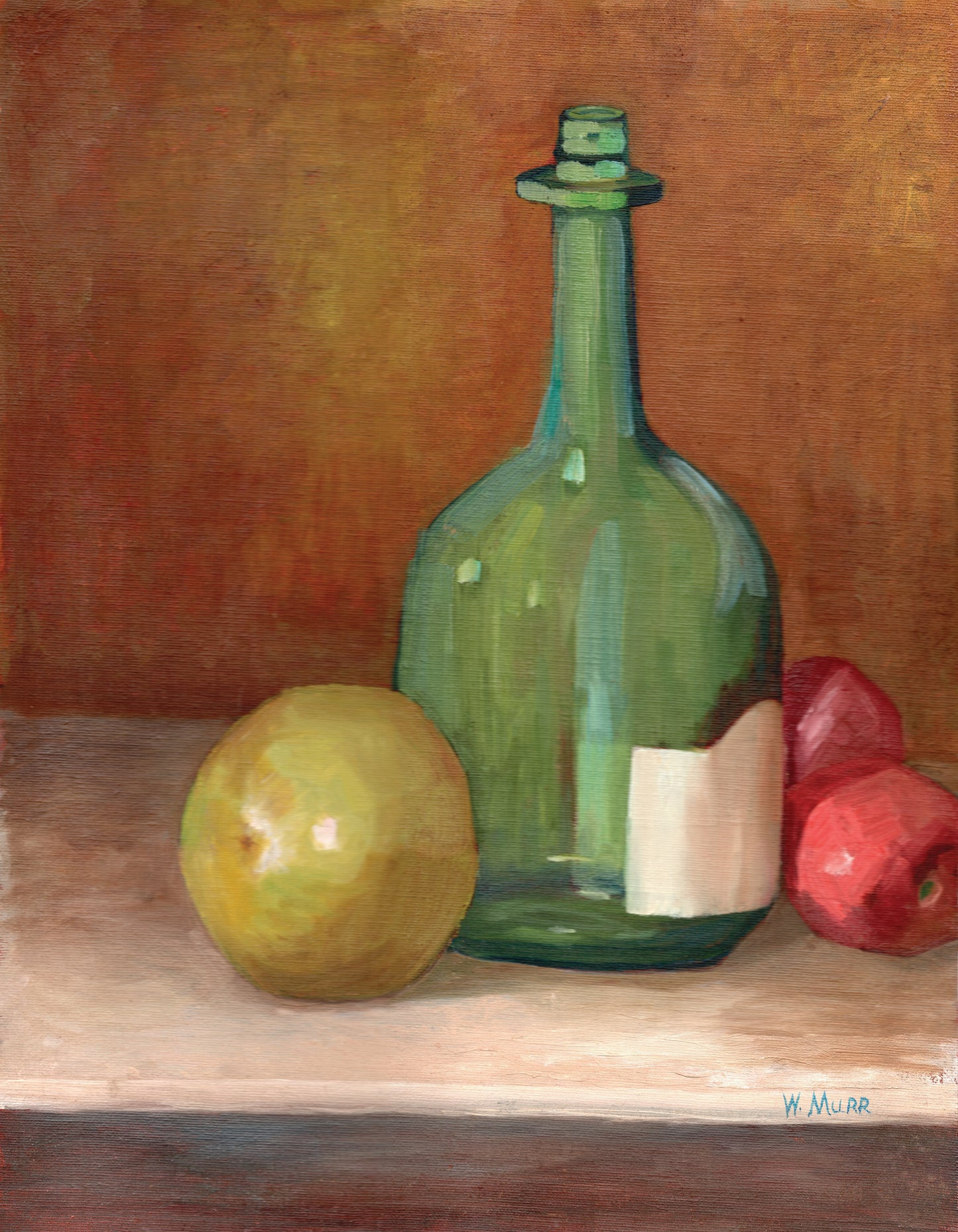 Lay flat image of original still life painting titled Green Jar, featuring a vintage green bottle, a yellow-green pear, and two red apples on a warm-toned tabletop with a rustic orange background.