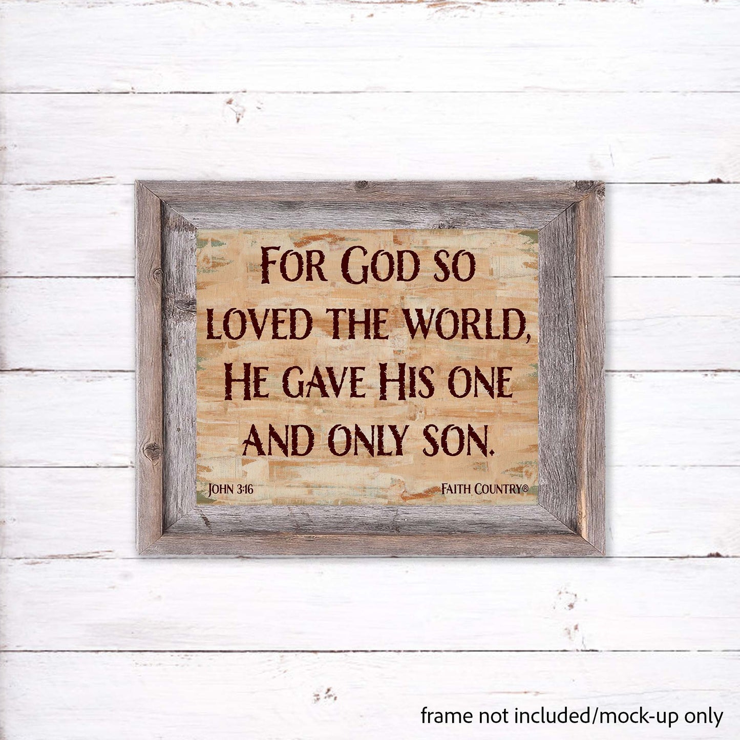 John 3:16 wall art with rustic barnwood frame – farmhouse mock-up