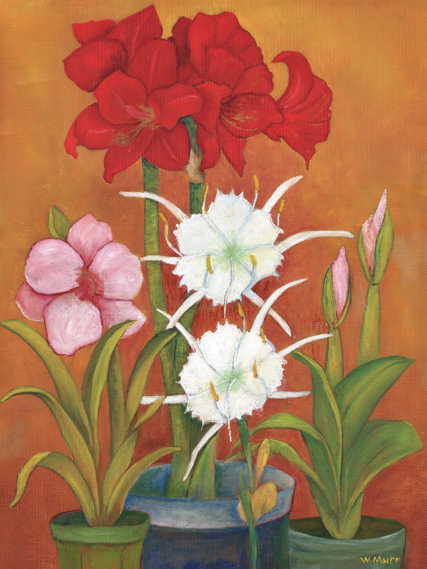 Lay flat canvas print of Potted Blooms showing intricate floral and leaf details.