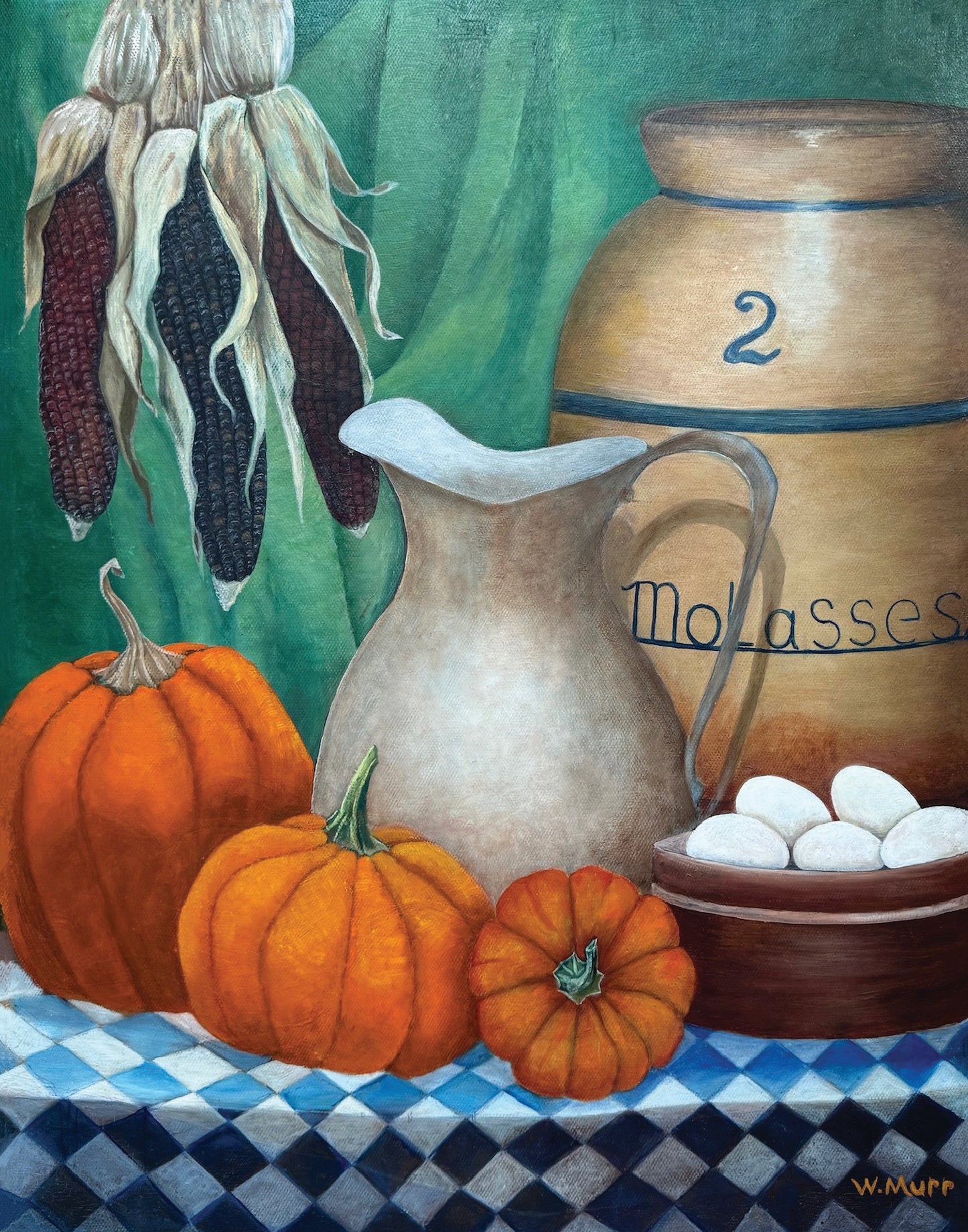 Canvas print lay flat of the Pumpkins painting with vibrant fall tones and rustic subject matter