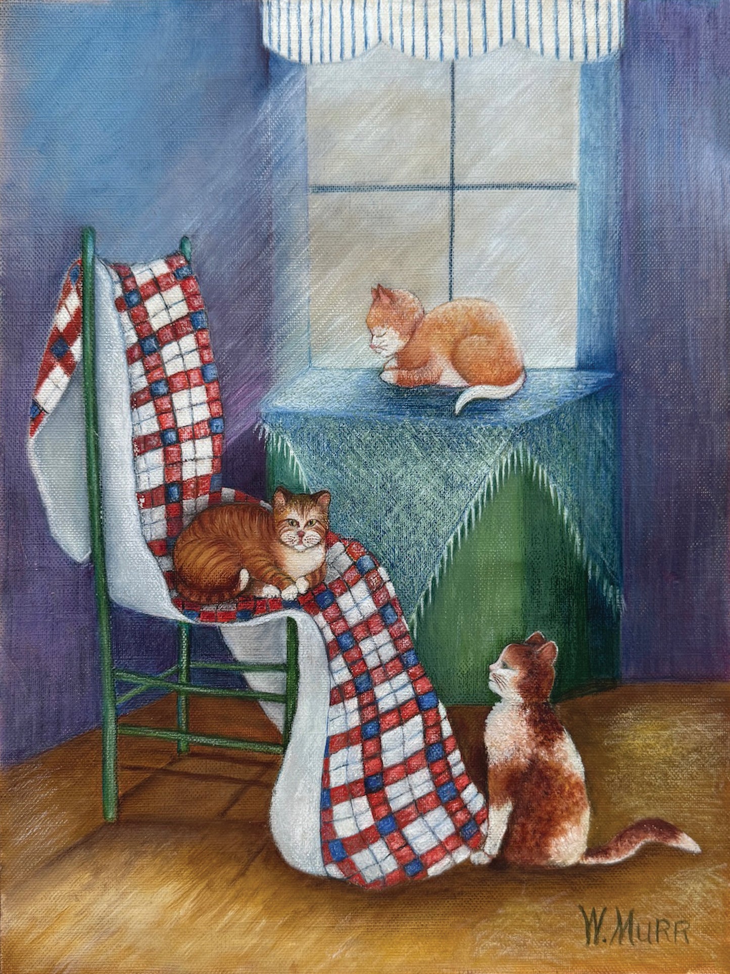 Canvas print lay flat of the artwork Three Cats featuring warm lighting, patchwork quilts, and a peaceful domestic scene.