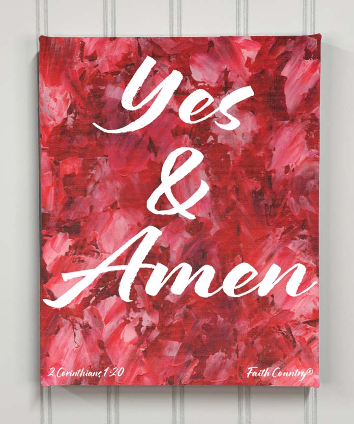 Yes & Amen scripture wall art on red abstract background – 2 Corinthians 1:20