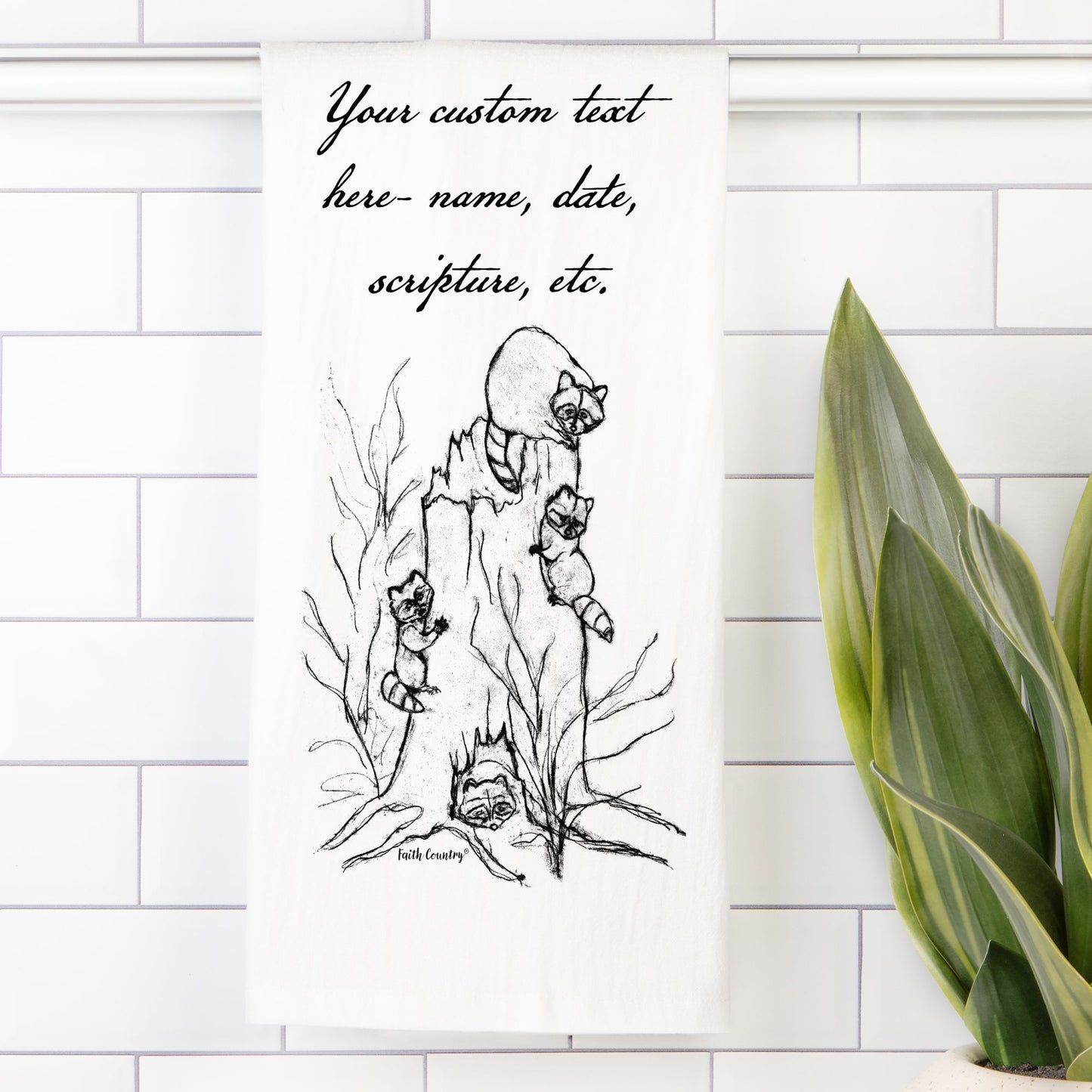 Woodland Raccoons Tea Towel - Personalized Farmhouse Kitchen Towel with Custom Script Text