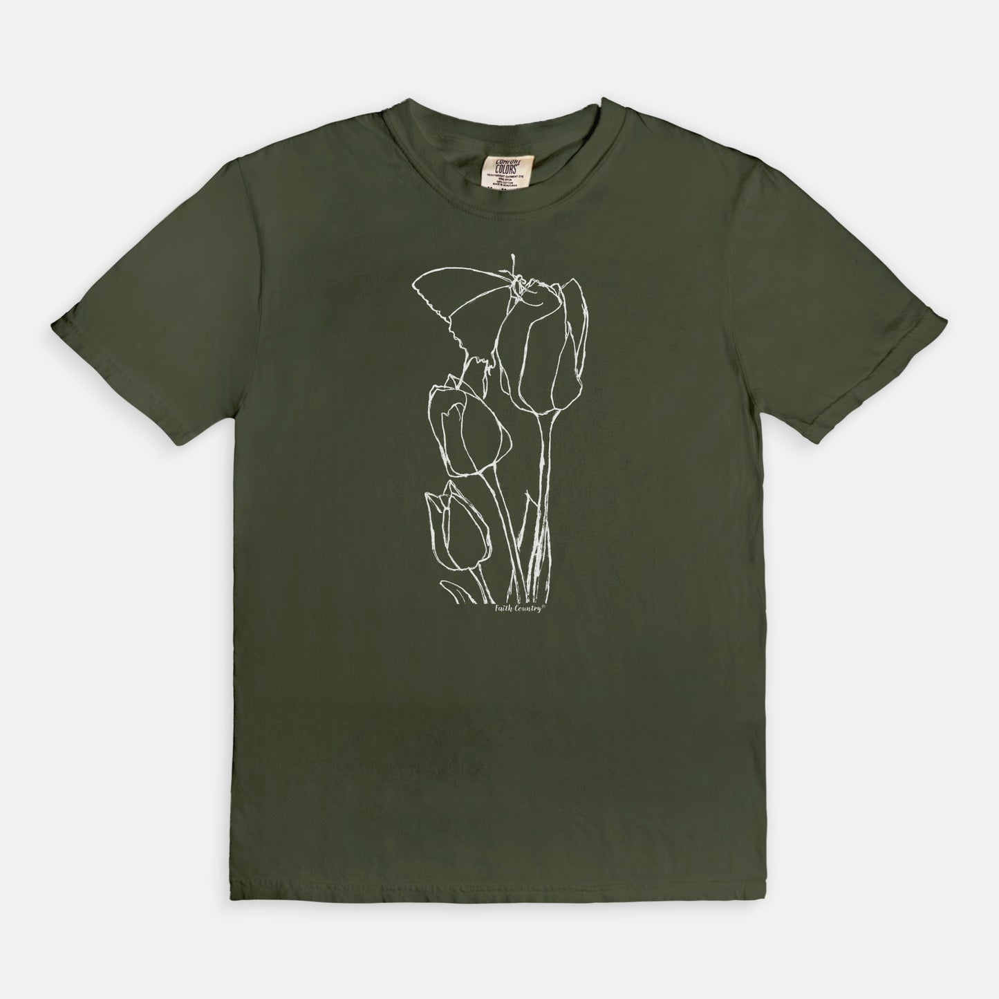 Springtime Tulips White Sketch Vintage Country Comfort Colors® T-Shirt | American Heritage Collection