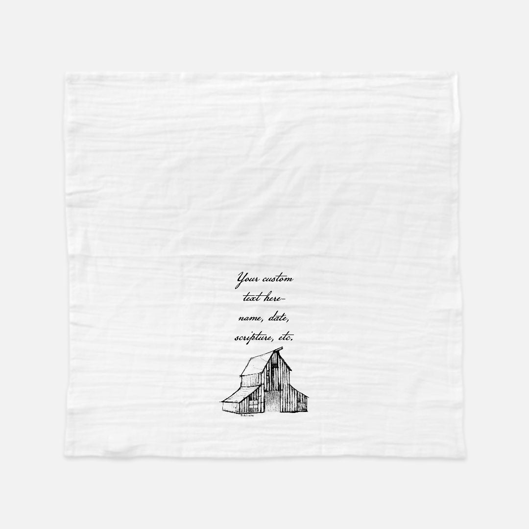 Heritage Barn Tea Towel - Personalized Farmhouse Kitchen Towel with Custom Script Text
