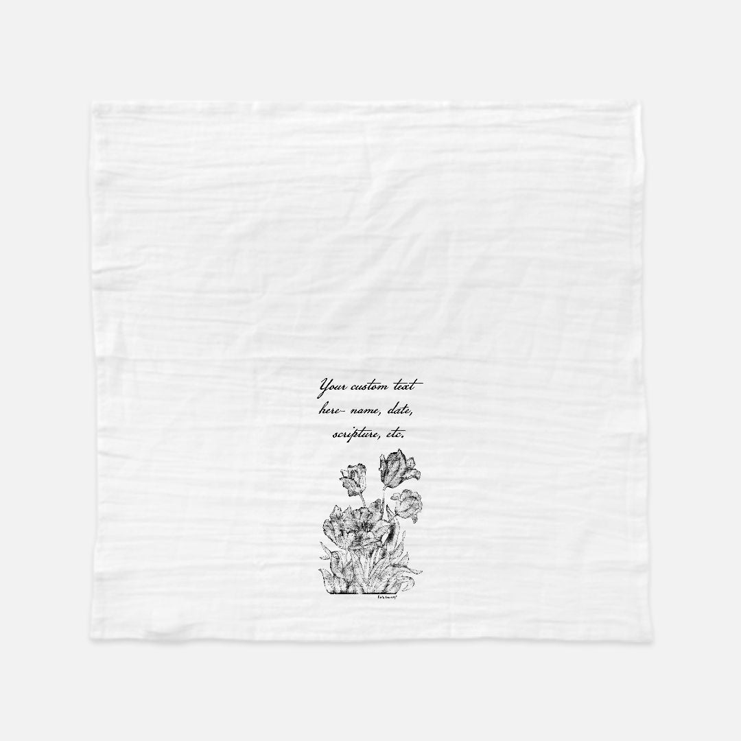 Heirloom Blooms Tea Towel - Personalized Farmhouse Kitchen Towel with Custom Script Text