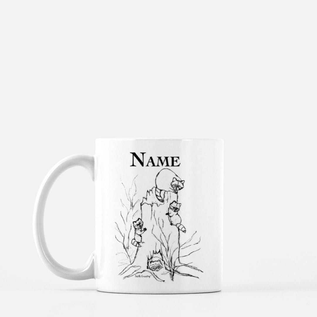 Woodland Raccoons Personalized Vintage Country Ceramic Mug | American Heritage Collection | Custom Farmhouse Coffee Cup 11oz