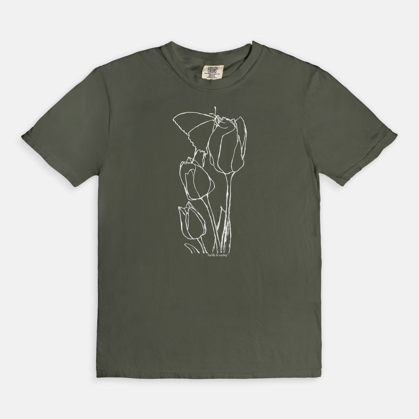 Springtime Tulips White Sketch Vintage Country Comfort Colors® T-Shirt | American Heritage Collection