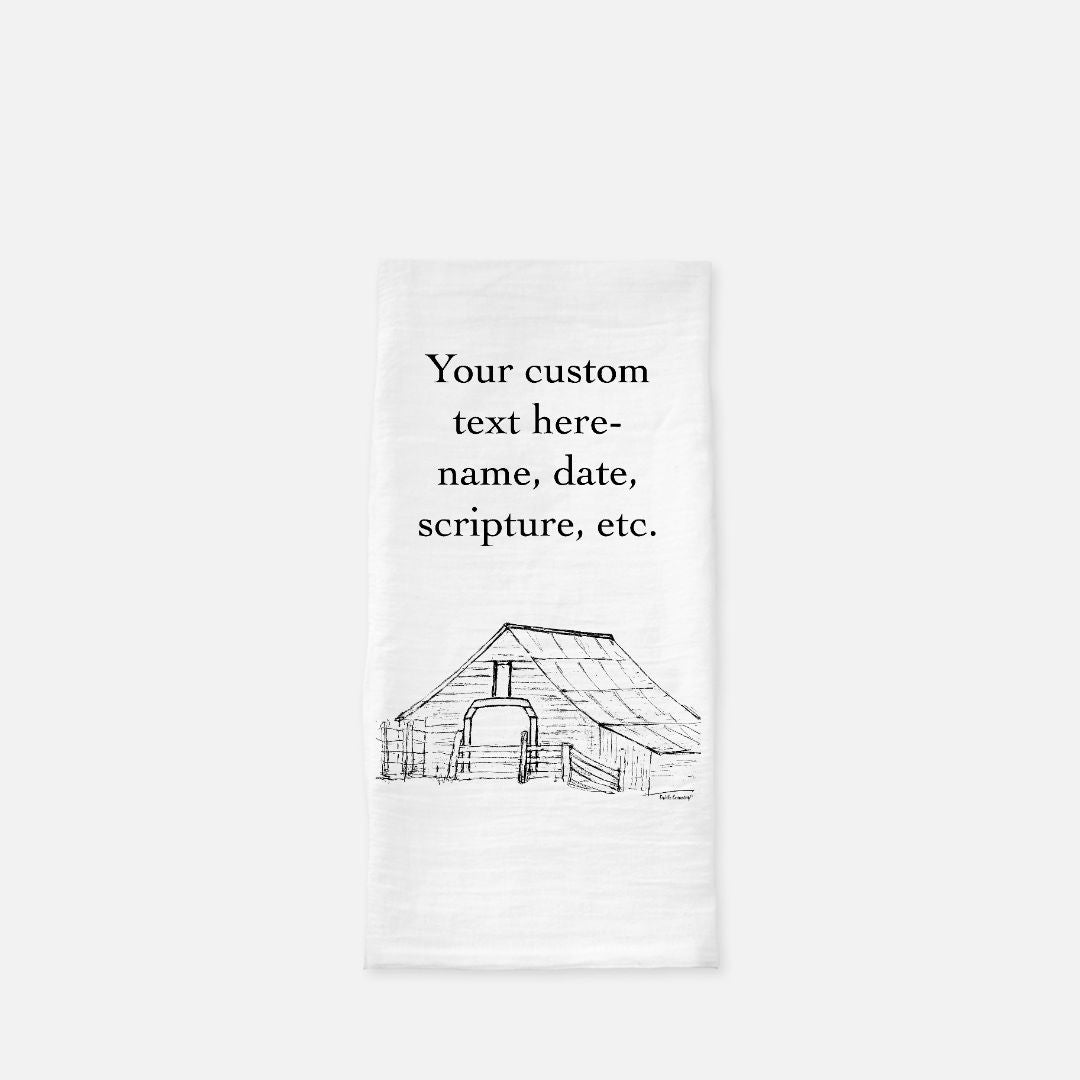 Harvest Barn Tea Towel - Personalized Farmhouse Kitchen Towel with Custom Print Text