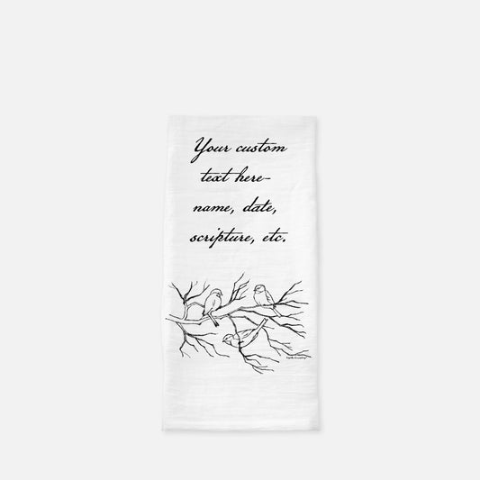 Songbird Trio Tea Towel - Personalized Farmhouse Kitchen Towel with Custom Script Text