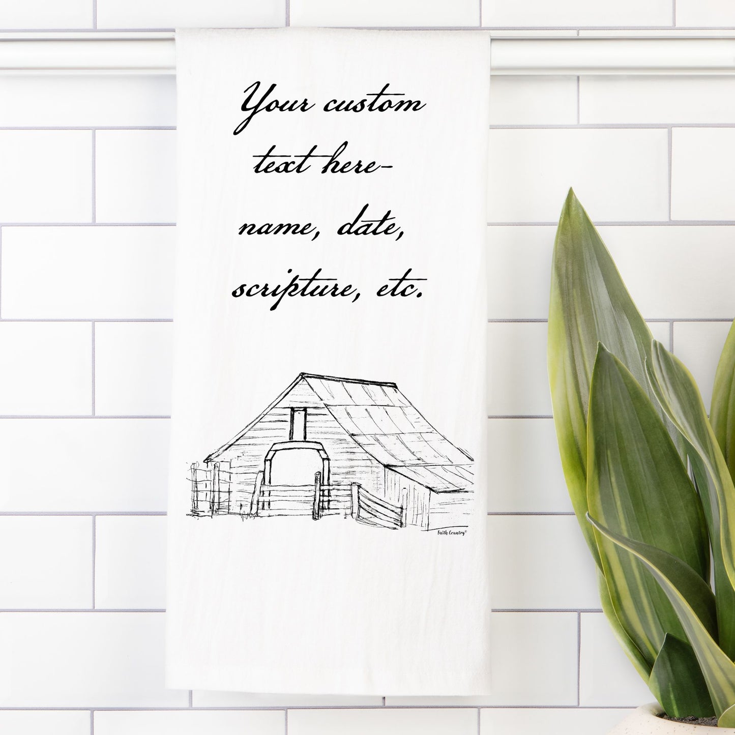 Harvest Barn Tea Towel - Personalized Farmhouse Kitchen Towel with Custom Script Text