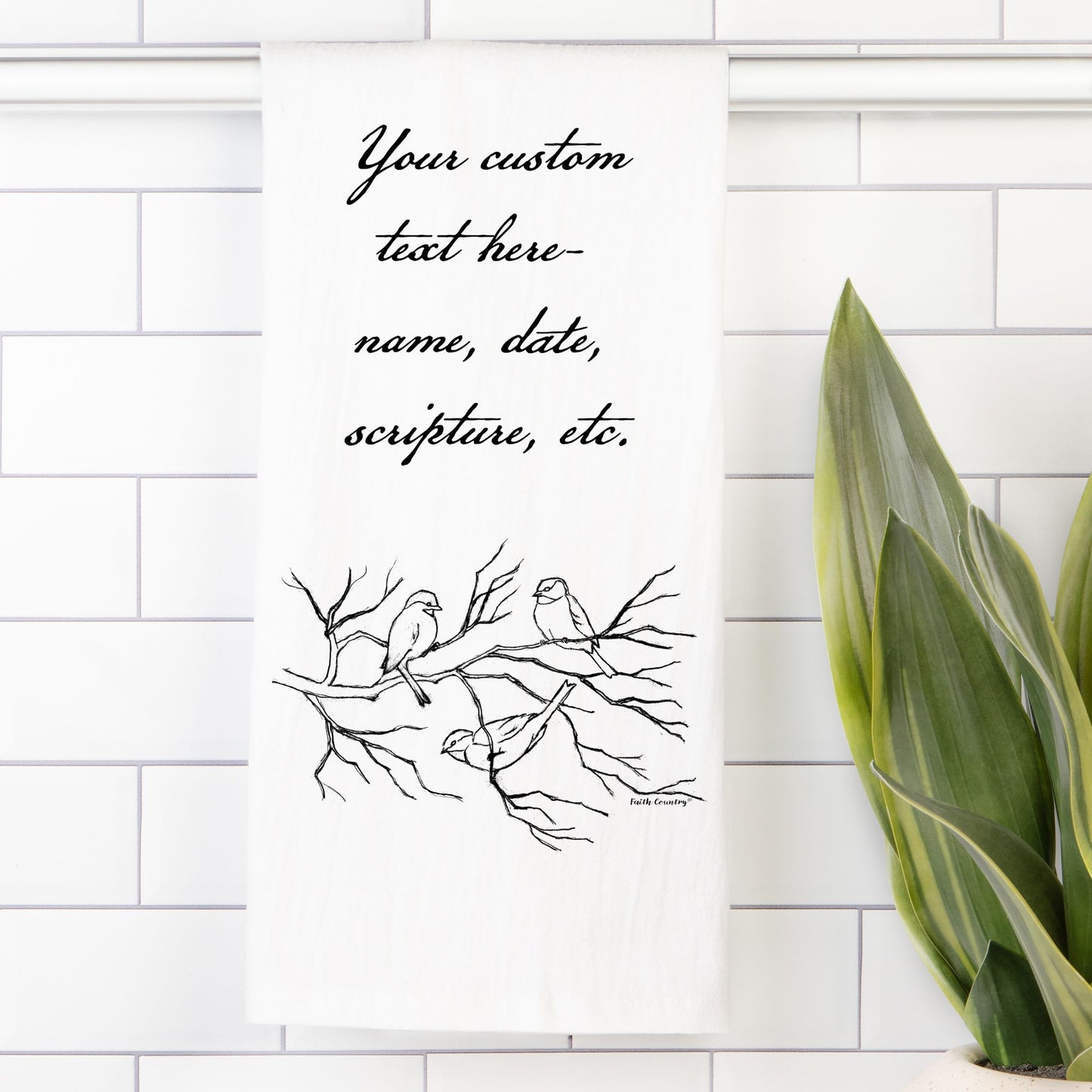 Songbird Trio Tea Towel - Personalized Farmhouse Kitchen Towel with Custom Script Text