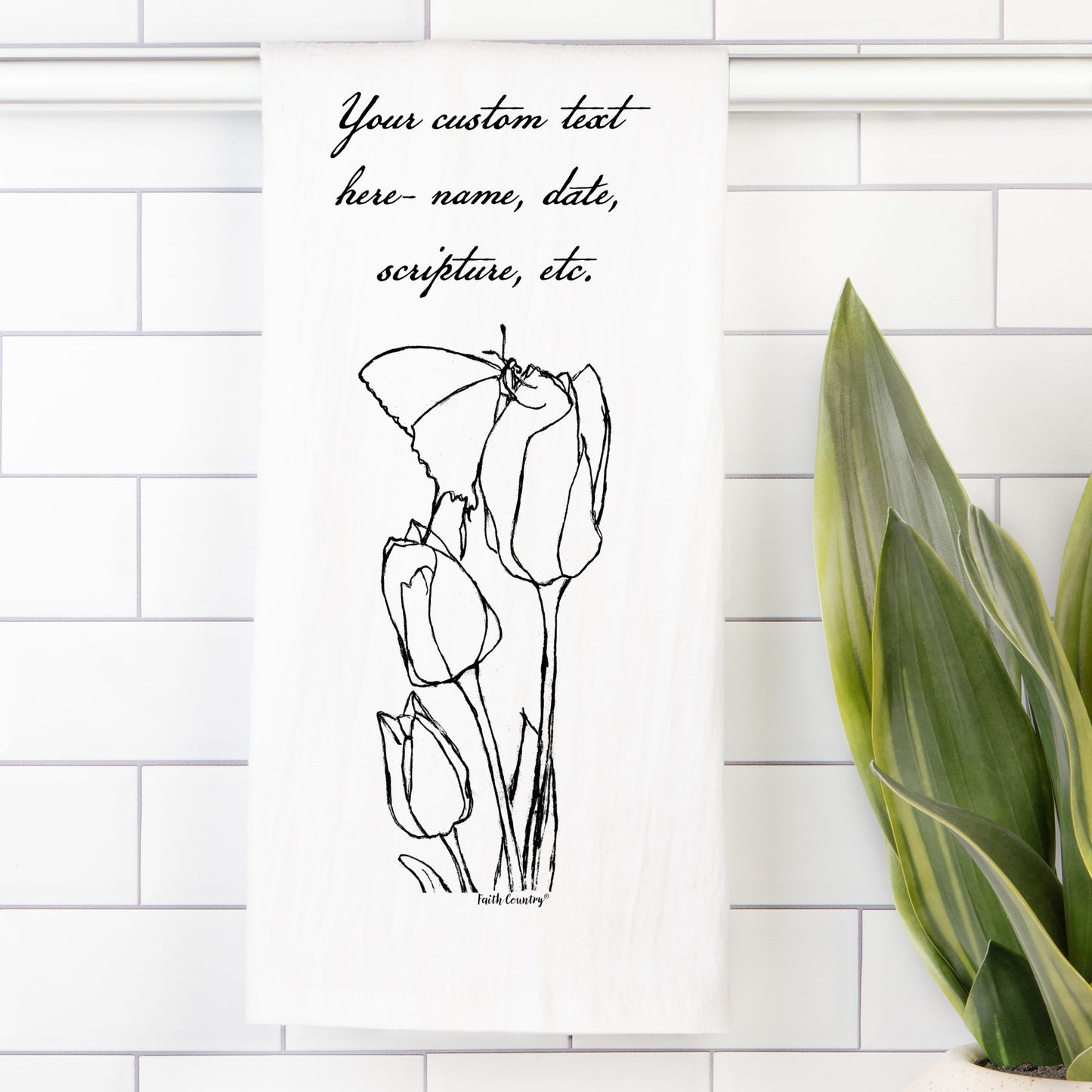 Springtime Tulips Tea Towel - Personalized Farmhouse Kitchen Towel with Custom Script Text