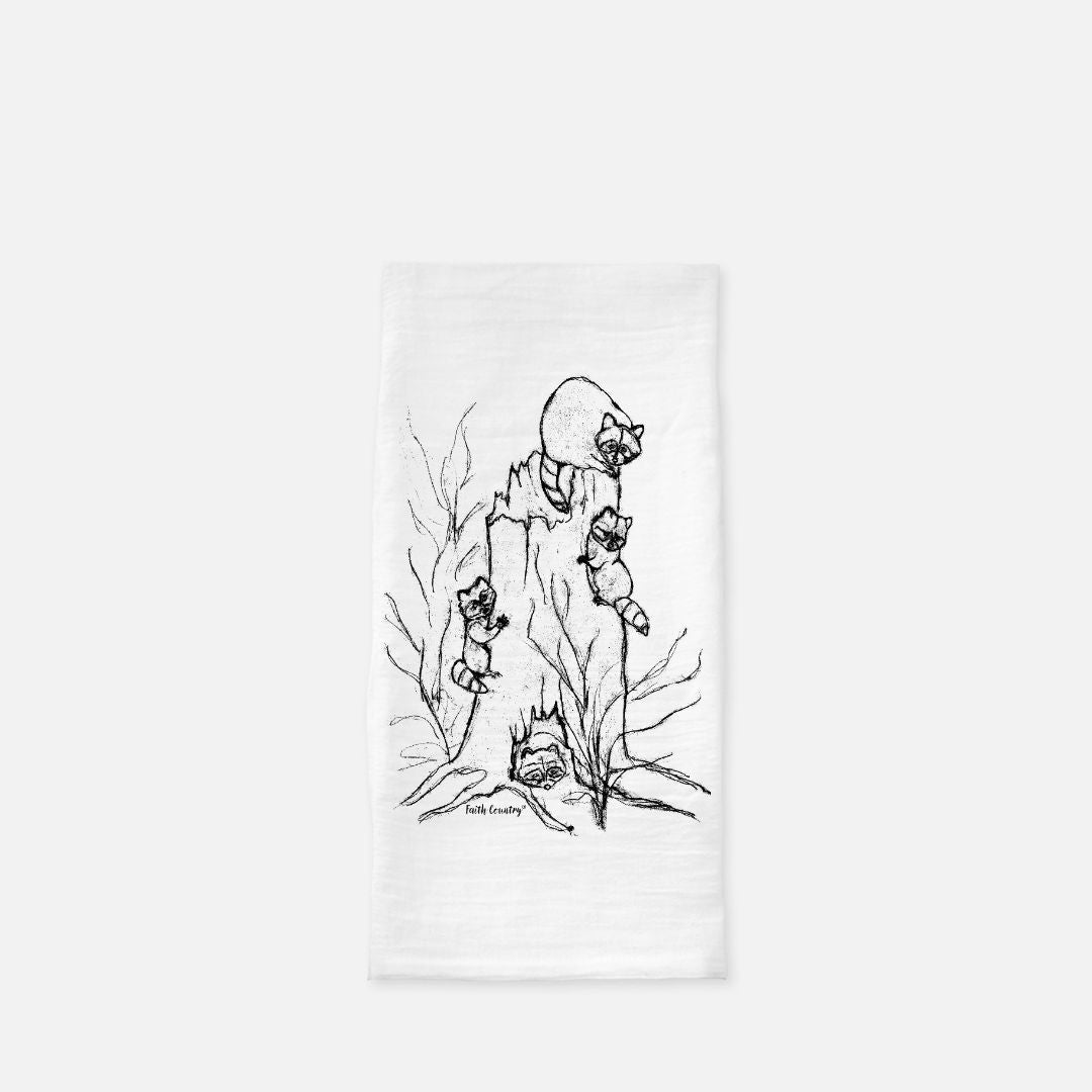 Woodland Raccoons Tea Towel - Farmhouse Kitchen Cotton Towel – Sketch Only