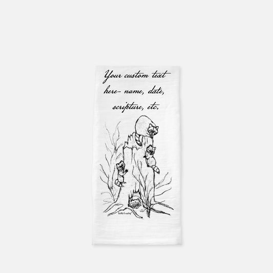 Woodland Raccoons Tea Towel - Personalized Farmhouse Kitchen Towel with Custom Script Text