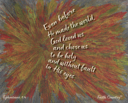 Design of abstract Christian art with handwritten scripture from Ephesians 1:4 on textured canvas