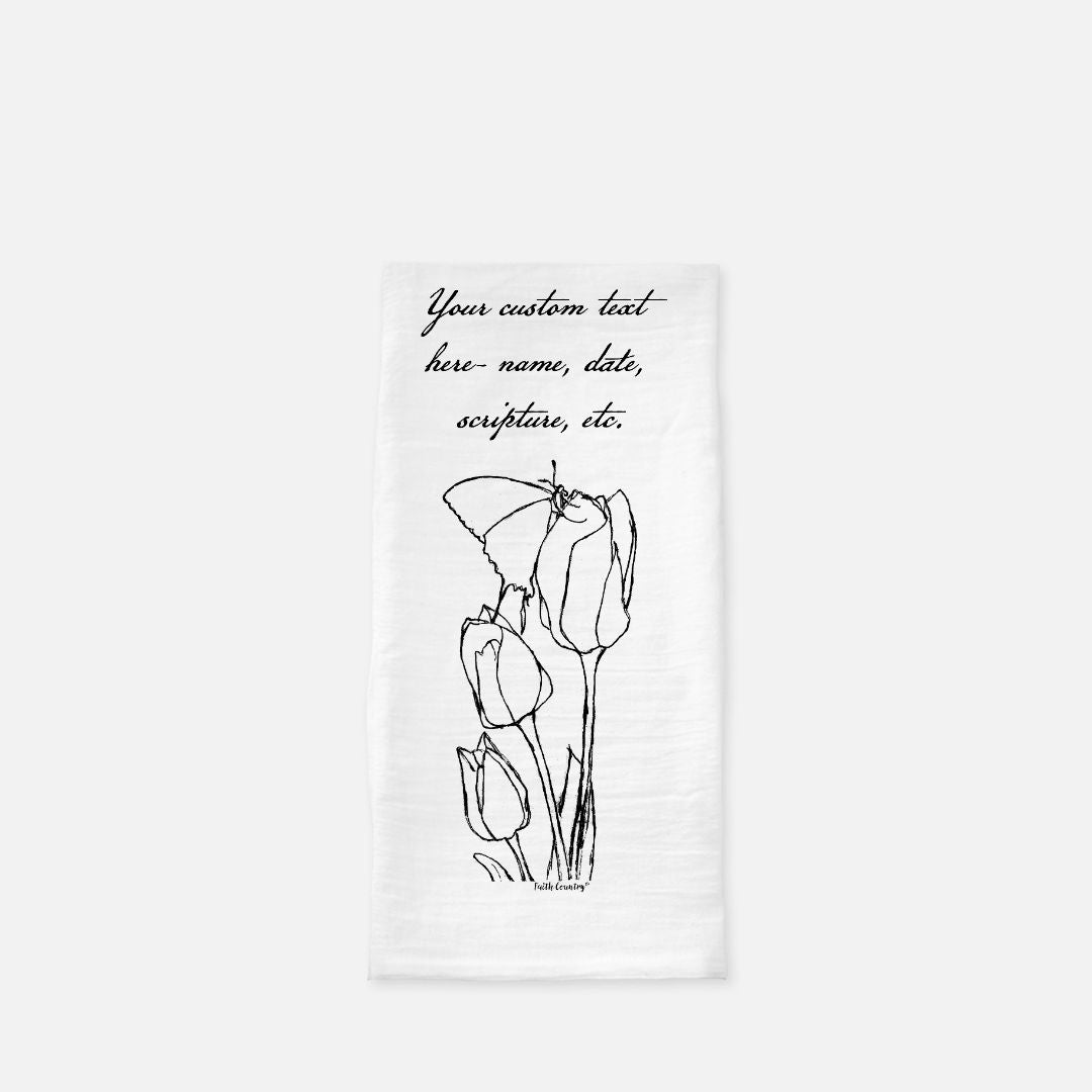 Springtime Tulips Tea Towel - Personalized Farmhouse Kitchen Towel with Custom Script Text