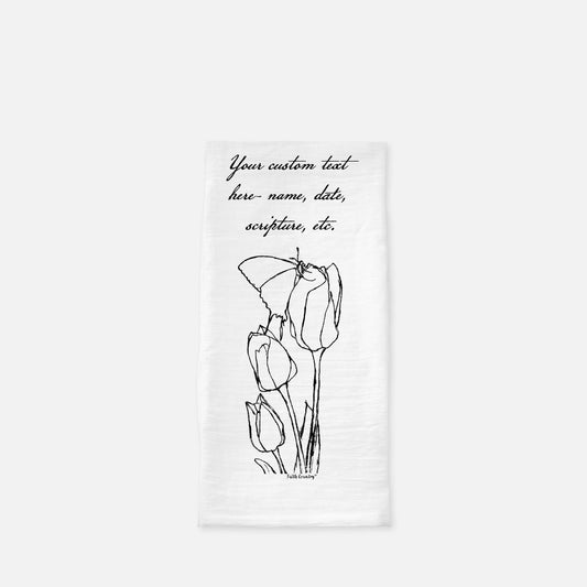Springtime Tulips Tea Towel - Personalized Farmhouse Kitchen Towel with Custom Script Text