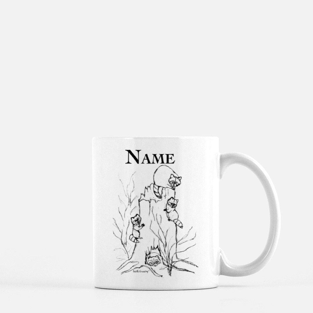 Woodland Raccoons Personalized Vintage Country Ceramic Mug | American Heritage Collection | Custom Farmhouse Coffee Cup 11oz