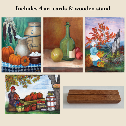 Autumn Harvest Art Card Set with Wooden Stand – Vintage Farmhouse Fall Decor, Rustic Pumpkin & Country Kitchen Wall Art