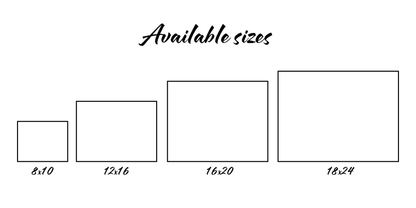 Diagram showcasing available canvas sizes: 8x10, 12x16, 16x20, and 18x24, represented as progressively larger rectangles under the title 'Available sizes' in a script font.