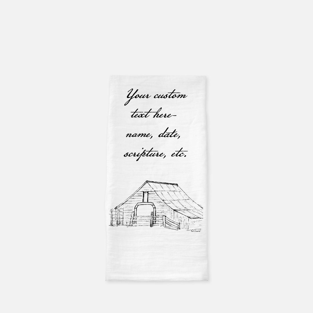 Harvest Barn Tea Towel - Personalized Farmhouse Kitchen Towel with Custom Script Text
