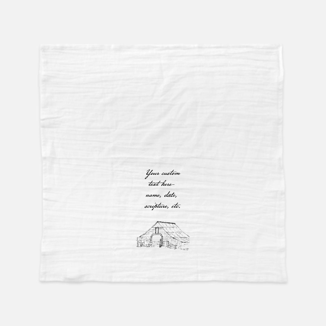 Harvest Barn Tea Towel - Personalized Farmhouse Kitchen Towel with Custom Script Text