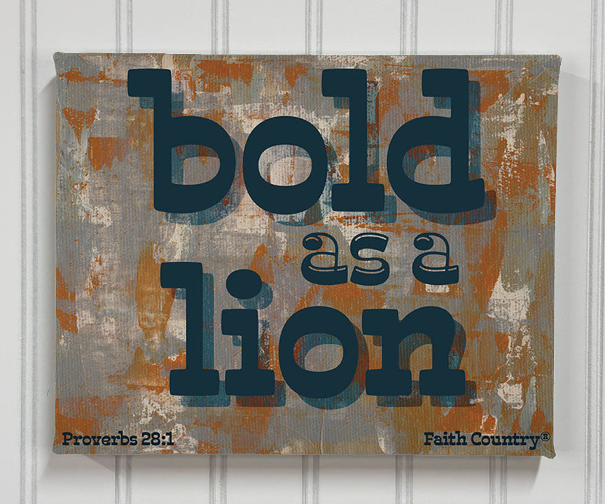 Straight-on photo of 'Bold as a Lion' scripture canvas print on wall with brushstroke texture and bold typography
