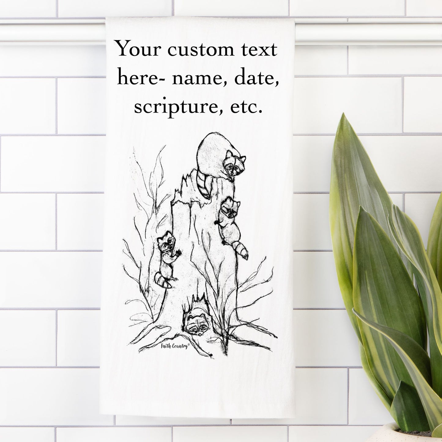 Woodland Raccoons Tea Towel - Personalized Farmhouse Kitchen Towel with Custom Print Text