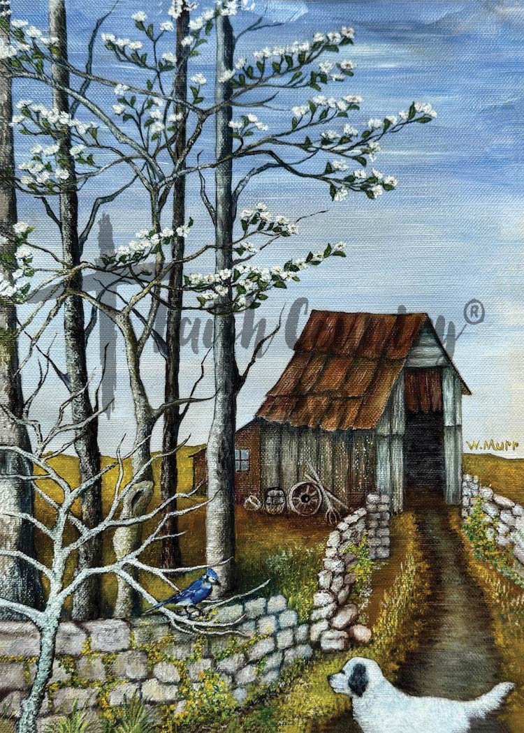 Vintage Barn Landscape Digital Download, Rustic Country Farm Scene Art, Dog & Spring Tree Printable Wall Decor