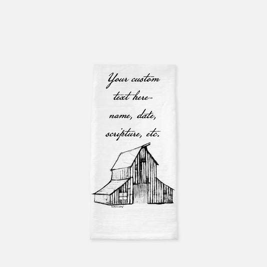 Heritage Barn Tea Towel - Personalized Farmhouse Kitchen Towel with Custom Script Text