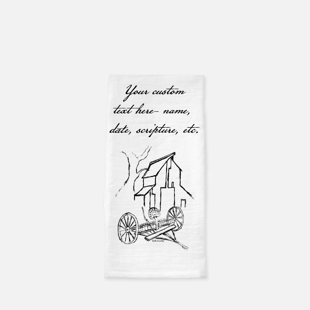 Homestead Barn Tea Towel - Personalized Farmhouse Kitchen Towel with Custom Script Text
