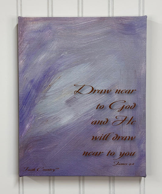 Christian wall art featuring 'Draw Near to God' from James 4:8, with a gold, cream, and lavender abstract background.