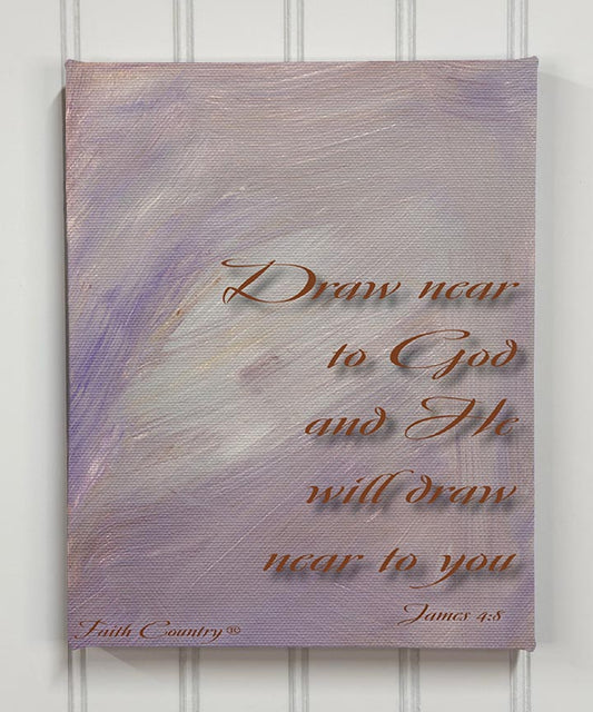 Christian wall art canvas print with the verse “Draw near to God and He will draw near to you” on a soft lavender abstract background, vertical format.