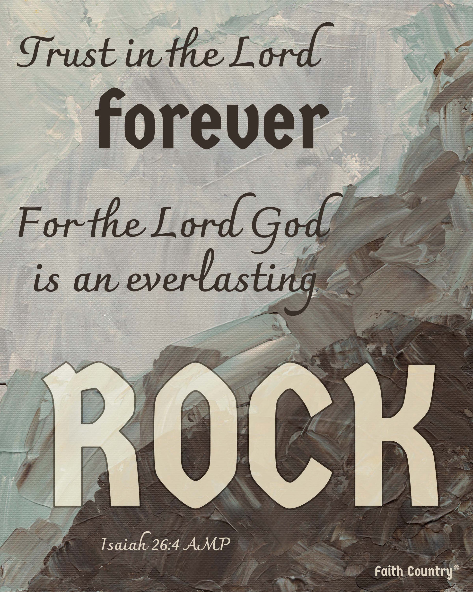 Abstract artwork featuring Isaiah 26:4 AMP on textured abstract background in green, gray, and brown