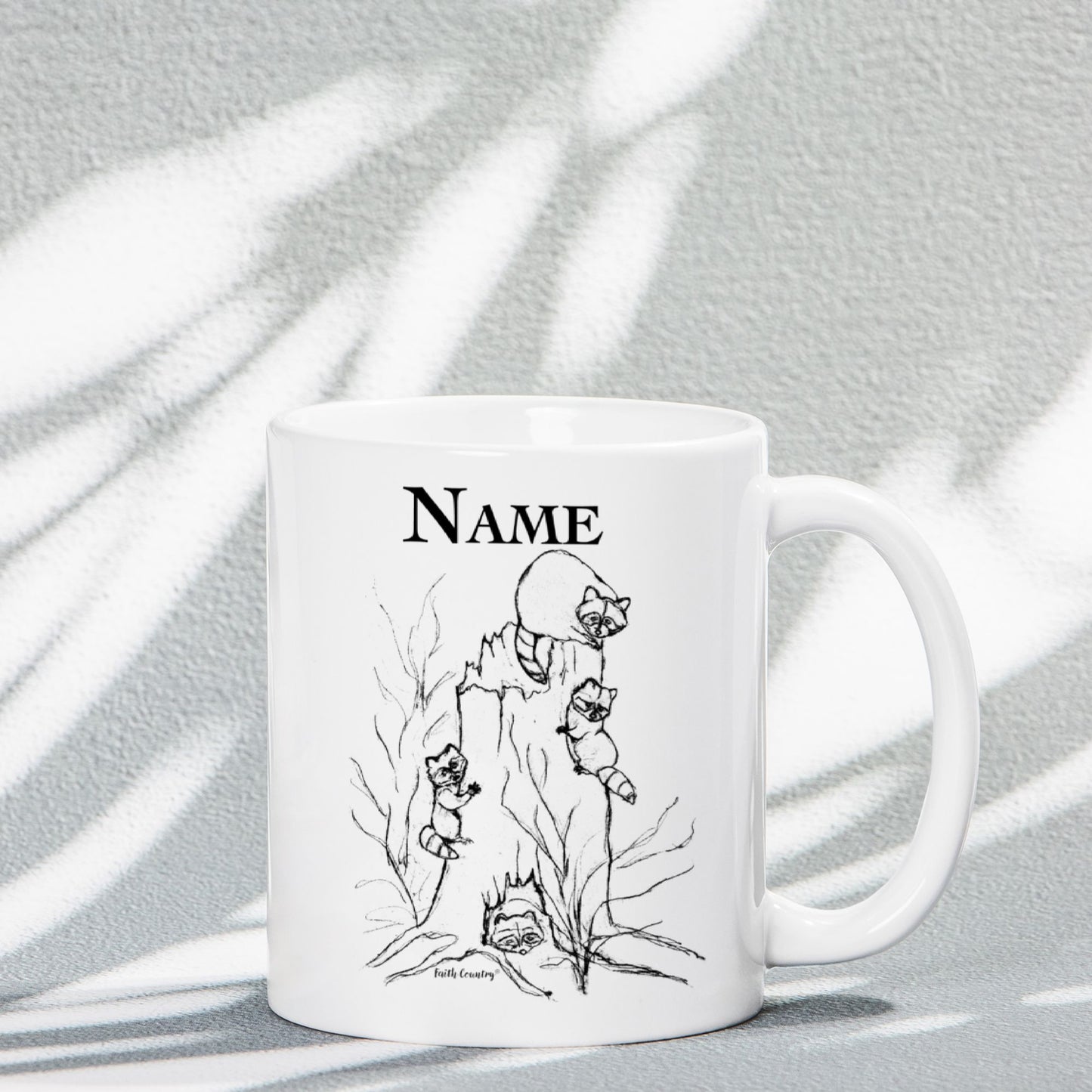 Woodland Raccoons Personalized Vintage Country Ceramic Mug | American Heritage Collection | Custom Farmhouse Coffee Cup 11oz