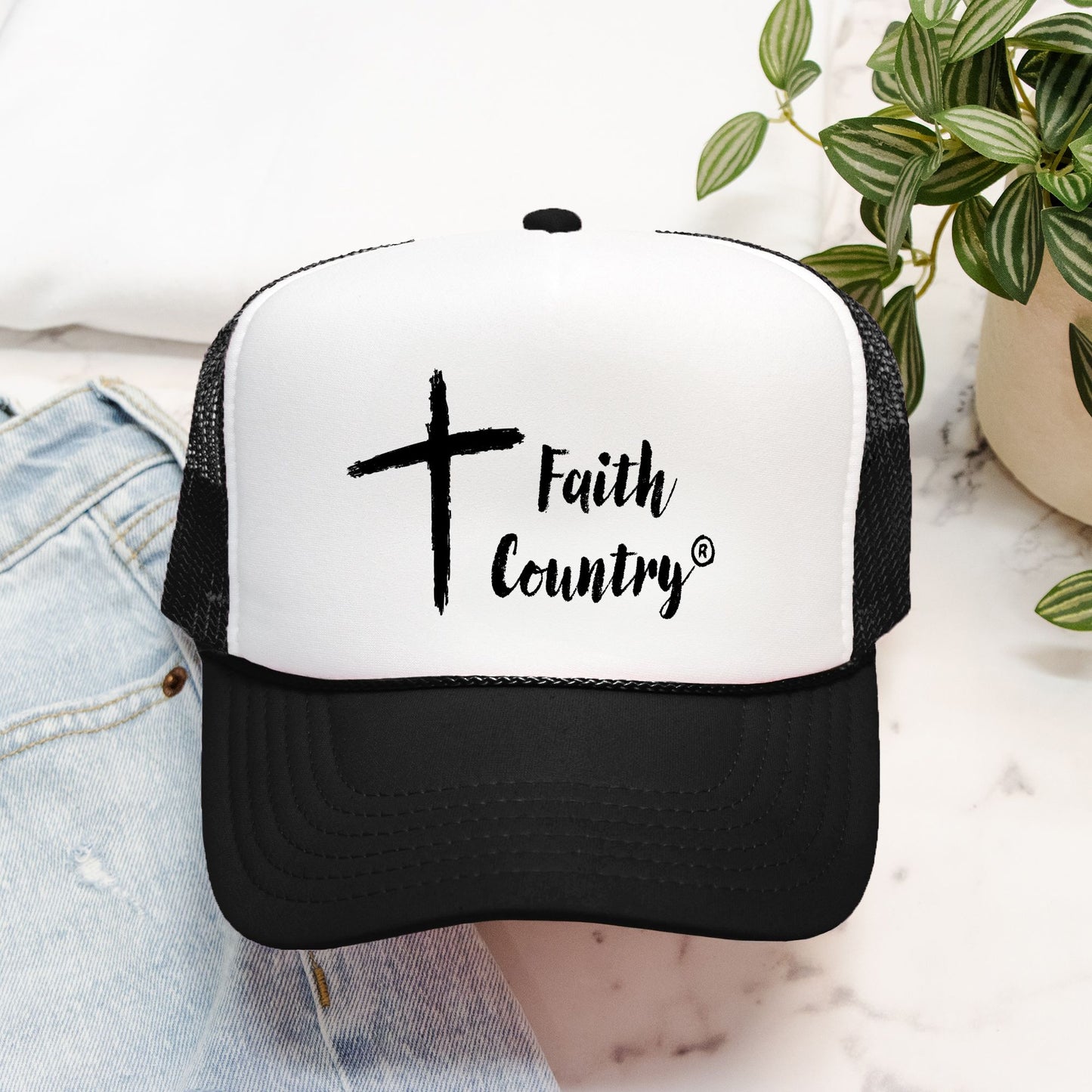 Faith Country Logo Trucker Hat - Classic Cross & Script Cap