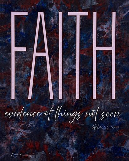 Close-up of scripture-inspired canvas art featuring the word 'Faith' in bold pink letters and the phrase 'evidence of things not seen' from Hebrews 11:1 on a richly textured abstract background.