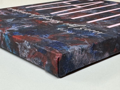 Side view of wrapped canvas art with the scripture 'Faith: evidence of things not seen,' showing the detailed red and blue textured edges.