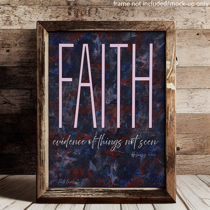 Mockup of scripture canvas art featuring 'Faith: evidence of things not seen' from Hebrews 11:1 in a rustic wooden frame against a wooden wall. Frame not included.